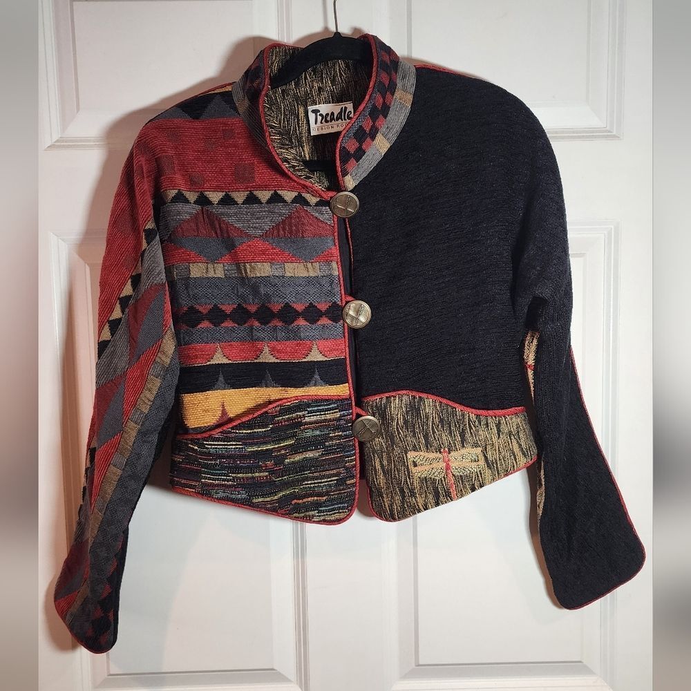 Vintage Women Treadle Patchwork Button Up Jacket Dragonfly Tapestry Sz M
